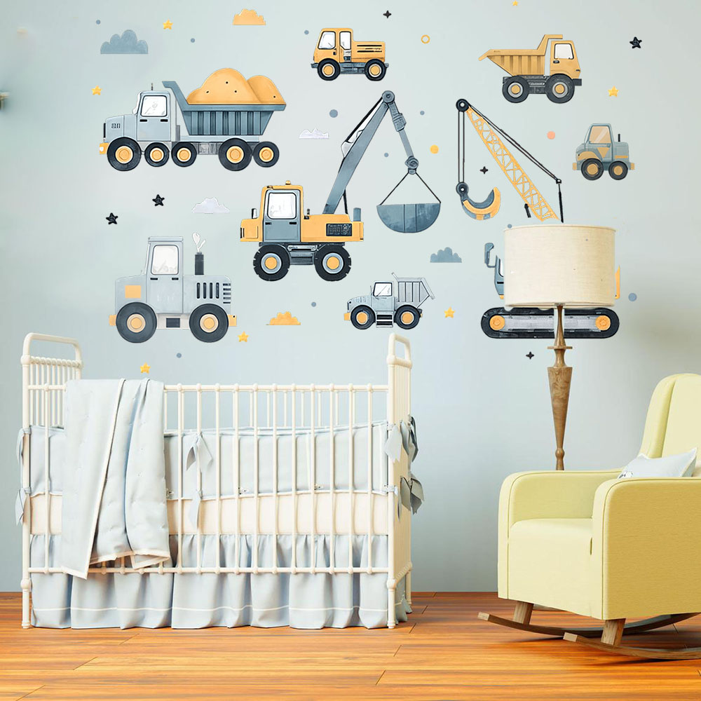 Baby Nursery Vinyl - Zestaw naklejek ściennych z kreskówkowymi koparkami,
